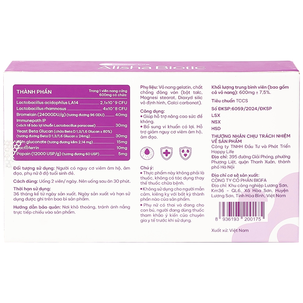 Hình ảnh Viên uống Alisha Biotic For Women Happy Life bổ sung lợi khuẩn, hỗ trợ sức khoẻ nữ giới (3 vỉ x 10 viên)