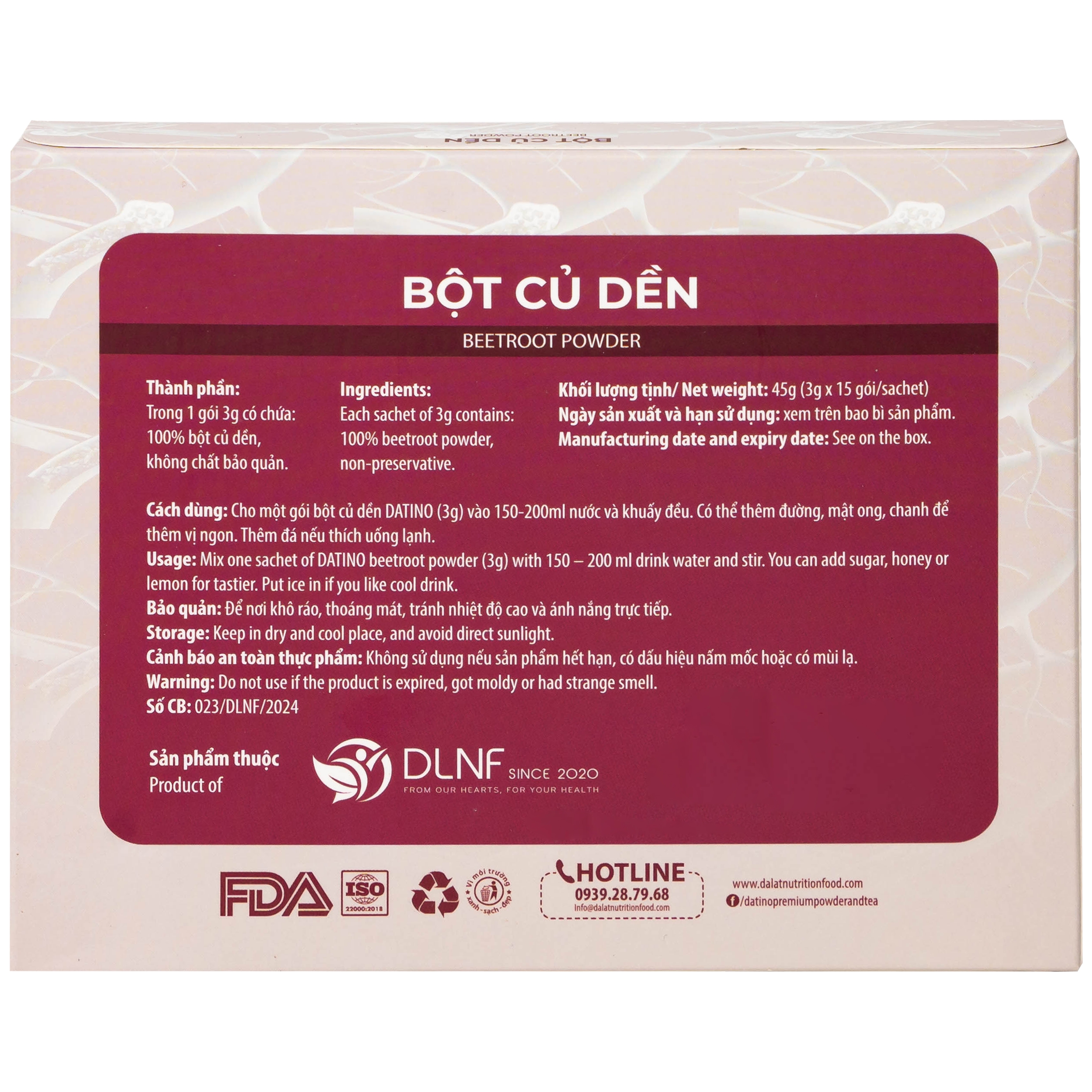 Hình ảnh Bột củ dền nguyên chất Datino 3g tác dụng thông tâm, mạnh tỳ, hạ khí, bổ nội tạng