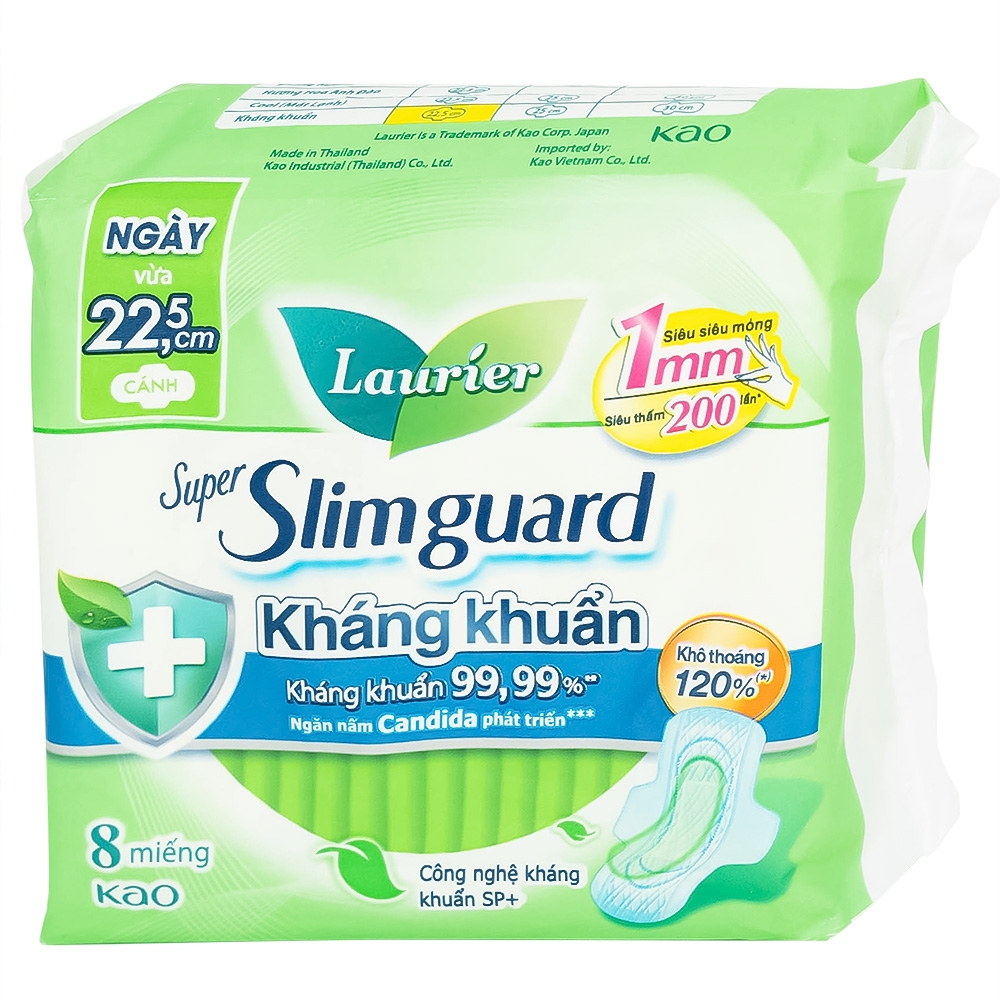 Hình ảnh Băng vệ sinh Laurier Super Slimguard Kao kháng khuẩn 99,99%, ngăn nấm Candida (1mm - 8 miếng)
