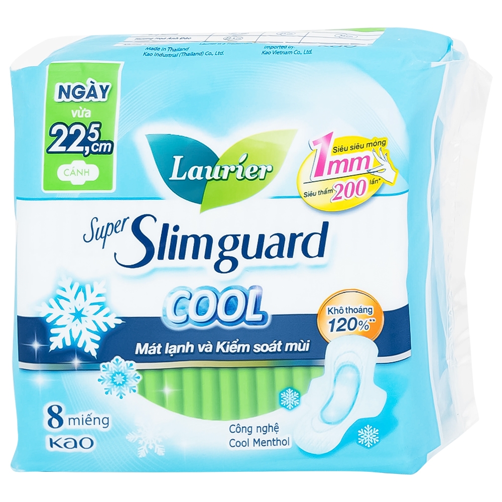 Hình ảnh Băng vệ sinh Laurier Super Slimguard Cool Kao kháng khuẩn 99,99%, ngăn nấm Candida (1mm - 8 miếng)
