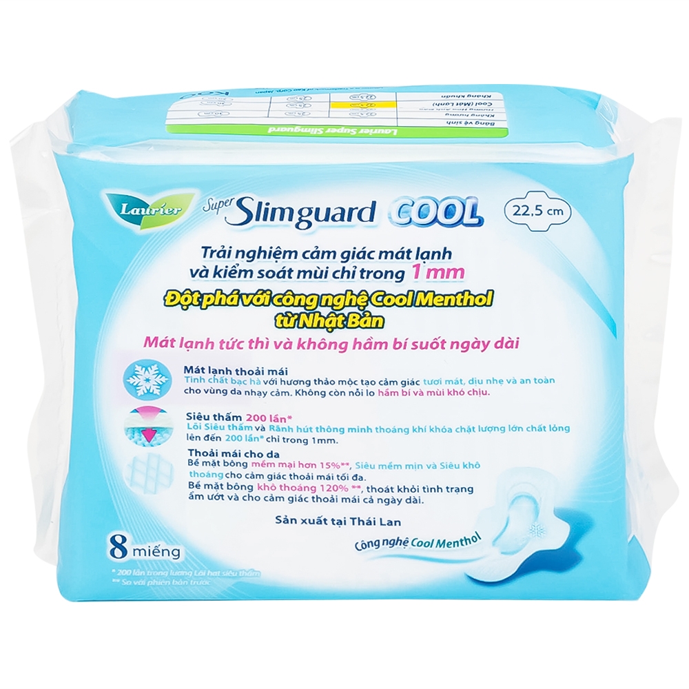 Hình ảnh Băng vệ sinh Laurier Super Slimguard Cool Kao kháng khuẩn 99,99%, ngăn nấm Candida (1mm - 8 miếng)
