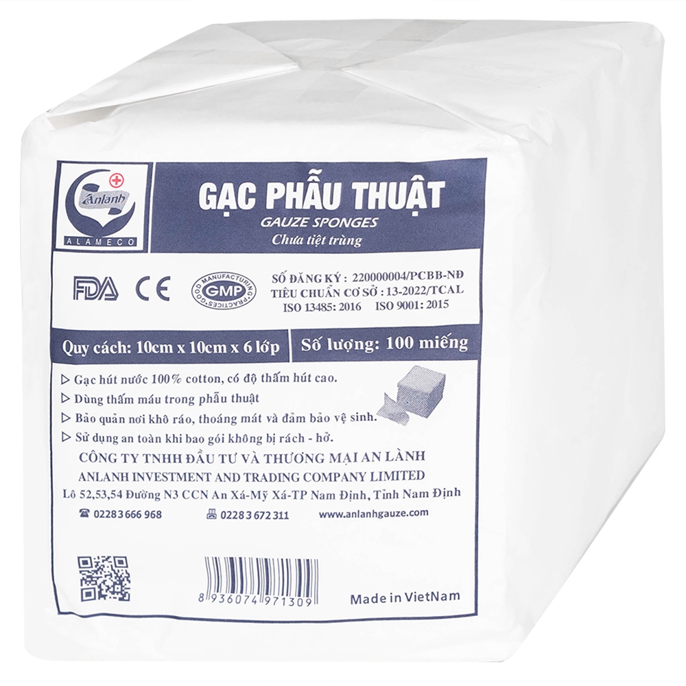 Hình ảnh Gạc phẫu thuật An Lành 10cm x 10cm x 6 lớp Alameco dùng thấm máu trong phẫu thuật (100 miếng)