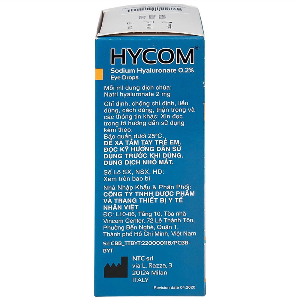 Hình ảnh Dung dịch nhỏ mắt Hycom Sodium Hyaluronate 0.2% NTC Pharma giảm kích ứng, khô, rát mắt (20 ống x 0.5ml)