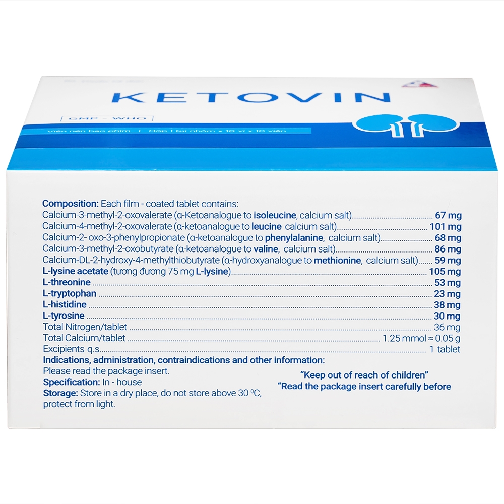 Hình ảnh Thuốc Ketovin Vinphaco phòng ngừa và điều trị rối loạn chuyển hóa protein trong suy thận mạn (10 vỉ x 10 viên)