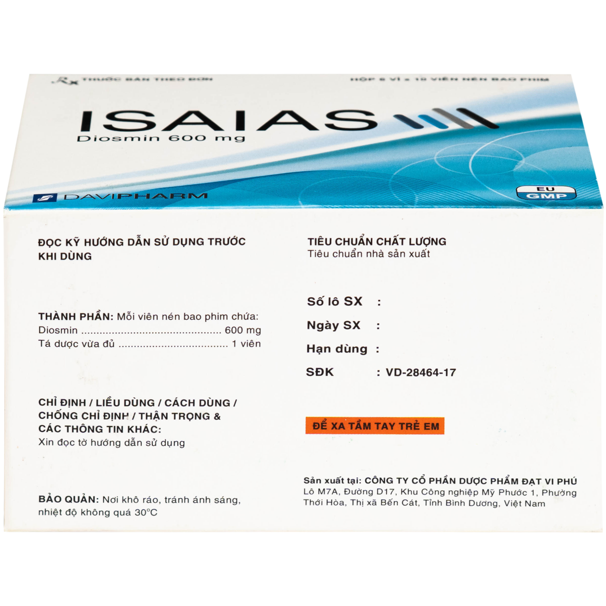 Hình ảnh Thuốc Isaias 600mg Davipharm điều trị triệu chứng suy tuần hoàn tĩnh mạch mạn tính (6 vỉ x 10 viên)