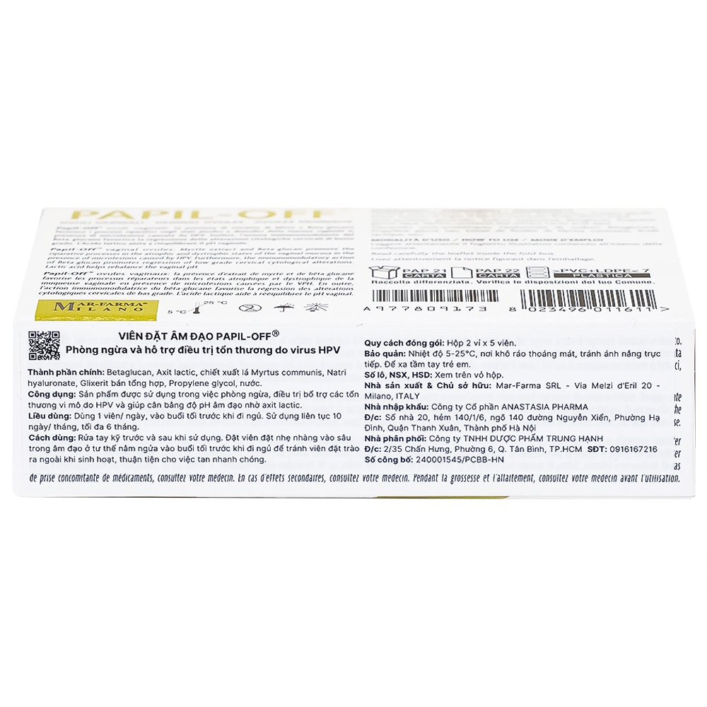 Hình ảnh Viên đặt âm đạo Papil-Off Mar-Farma giúp phòng ngừa và hỗ trợ điều trị các tổn thương do HPV (2 vỉ x 5 viên)