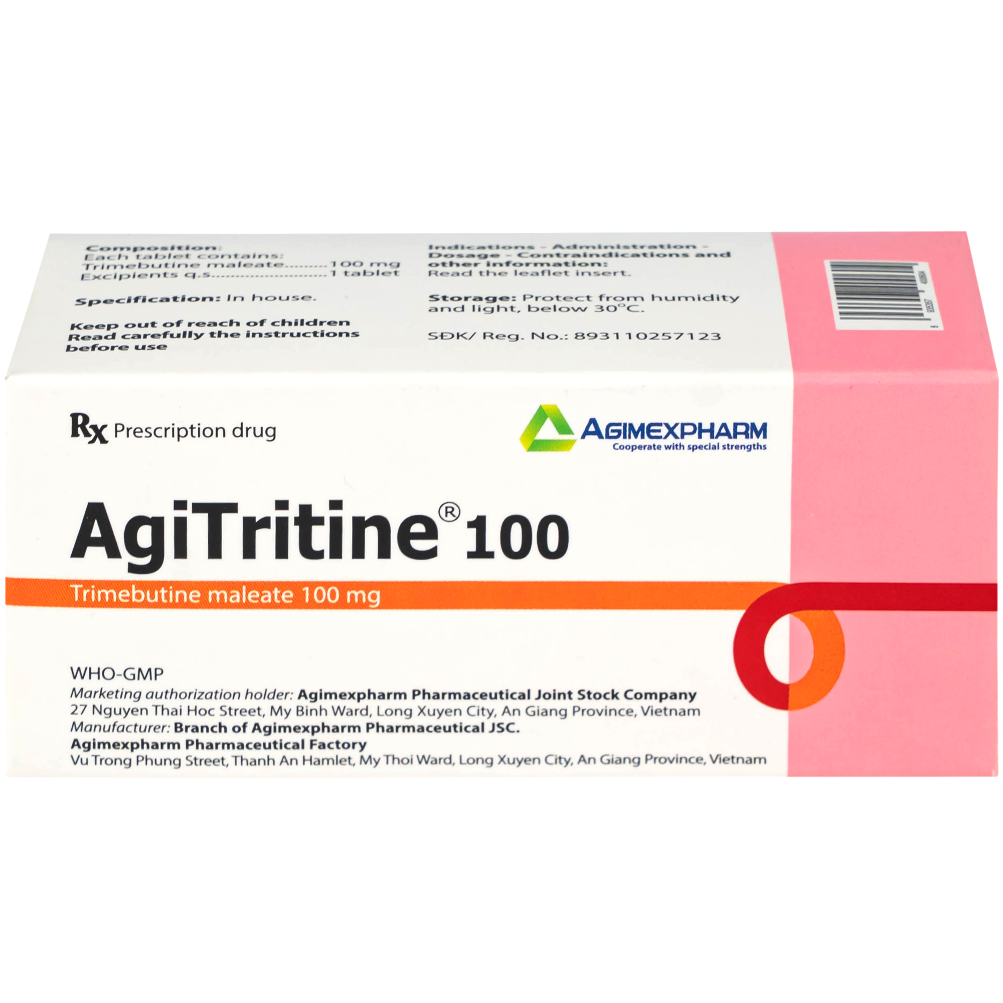 Hình ảnh Thuốc Agitritine 100mg Agimexpharm điều trị triệu chứng rối loạn ống tiêu hóa, đường mật, ruột kích thích (6 vỉ x 10 viên)