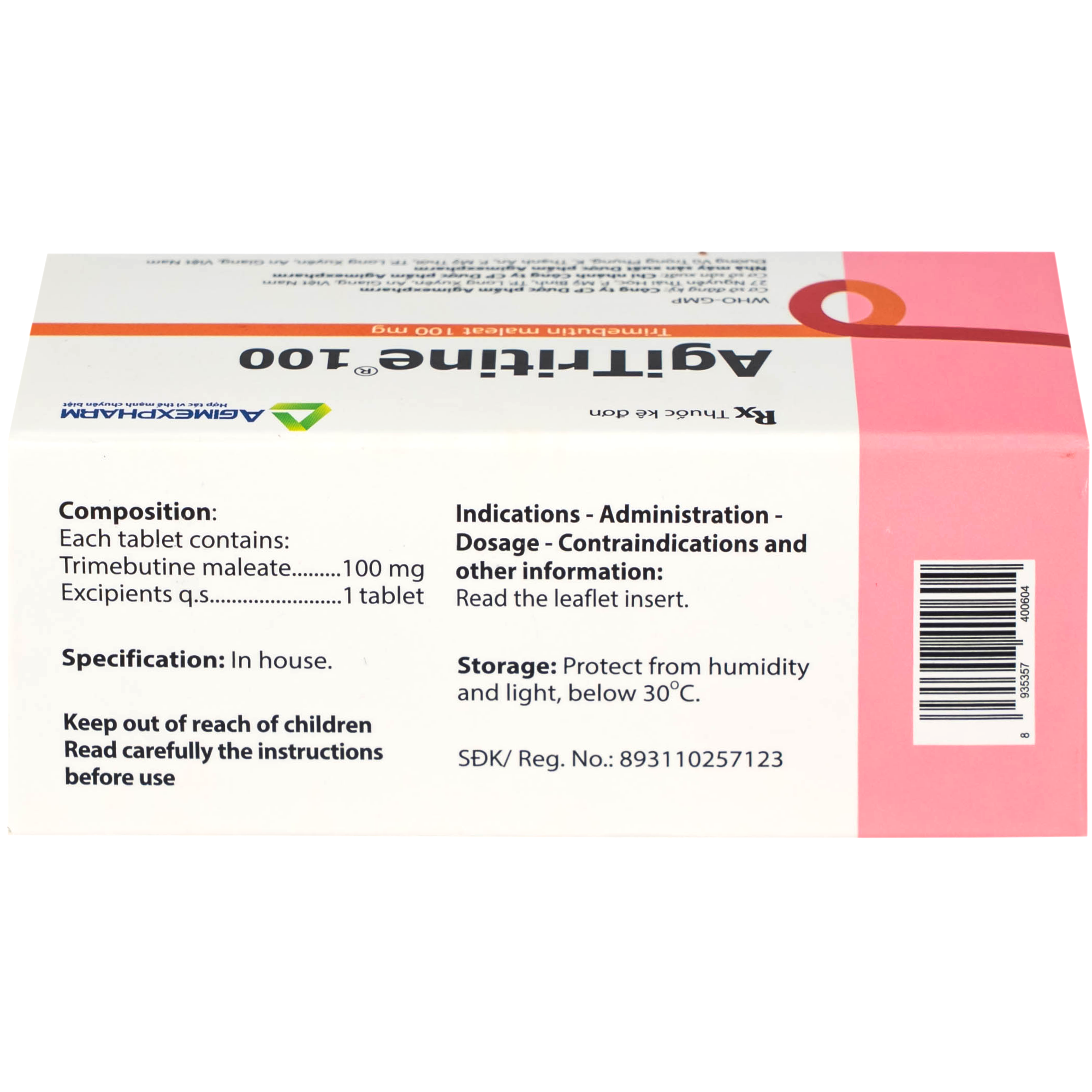 Hình ảnh Thuốc Agitritine 100mg Agimexpharm điều trị triệu chứng rối loạn ống tiêu hóa, đường mật, ruột kích thích (6 vỉ x 10 viên)