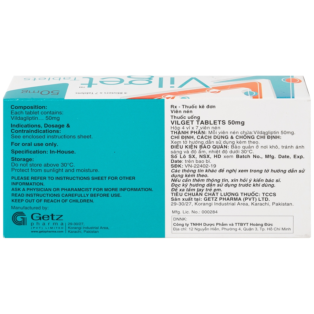 Hình ảnh Thuốc Vilget Tablets 50mg Getz điều trị bệnh đái tháo đường típ 2 (4 vỉ x 7 viên)