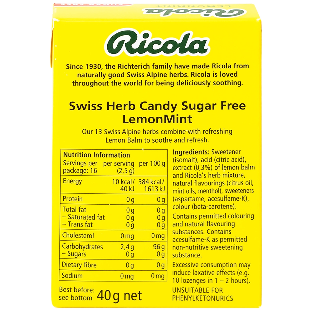 Hình ảnh Kẹo ngậm không đường Ricola Lemont Mint thông cổ, mát họng, làm dịu cơn ho (40g)