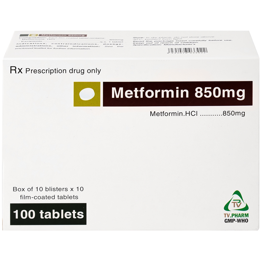 Hình ảnh Thuốc Metformin 850mg TV.Pharm điều trị bệnh đái tháo đường (10 vỉ x 10 viên)