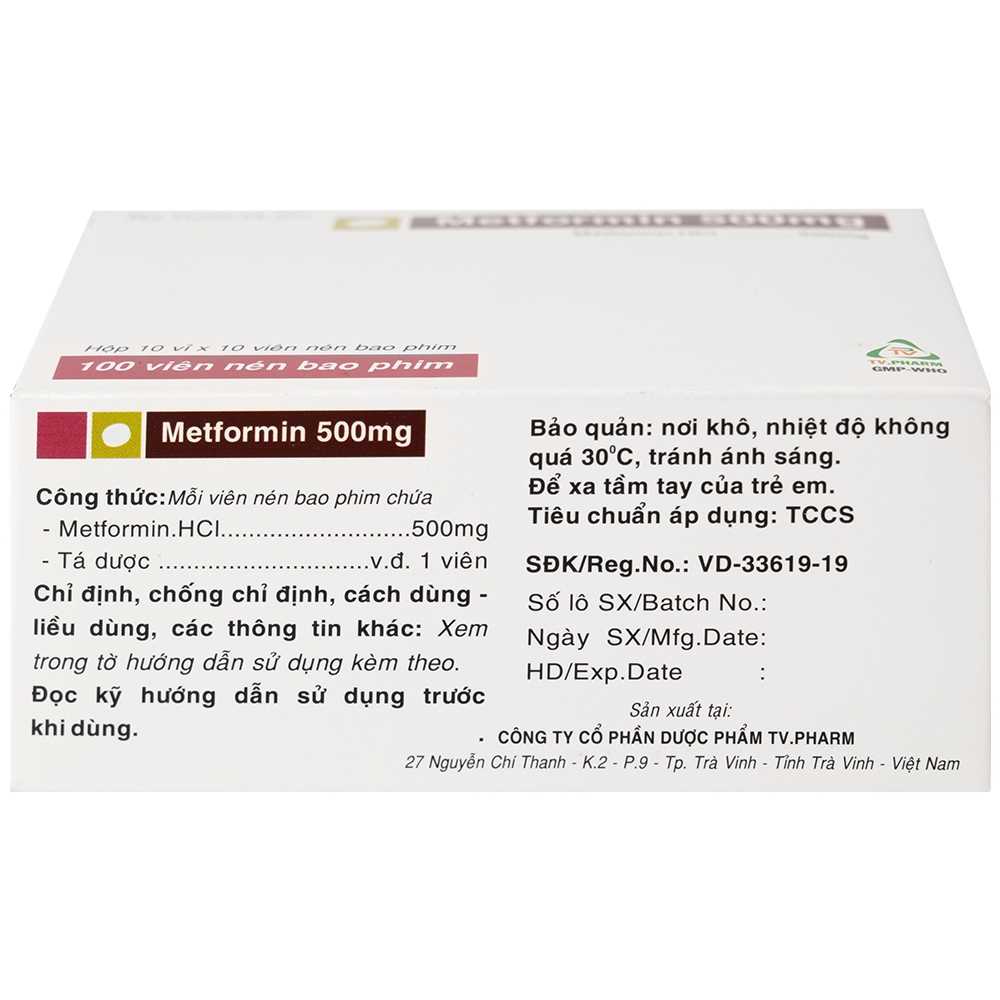 Hình ảnh Thuốc Metformin 500mg TV Pharm điều trị đái tháo đường (10 vỉ x 10 viên)