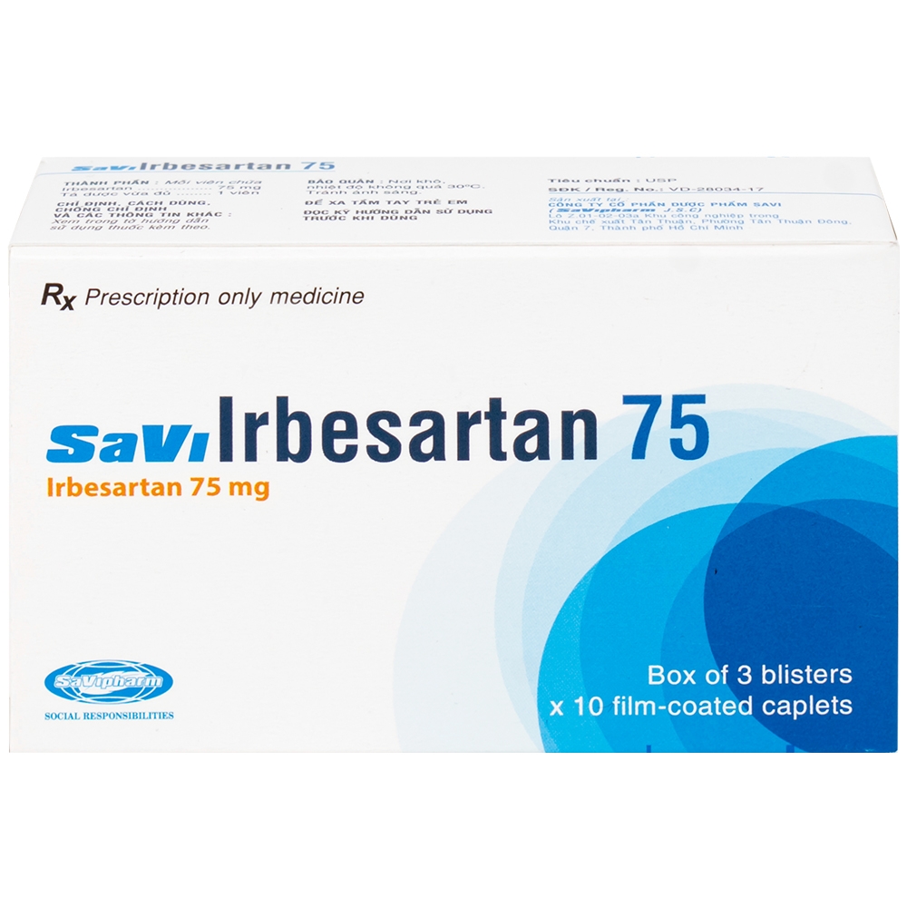 Hình ảnh Thuốc SaVi Irbesartan 75 SaviPharm điều trị tăng huyết áp, bệnh thận (3 vỉ x 10 viên)