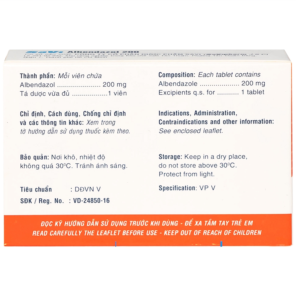 Hình ảnh Thuốc SaVi Albendazol 200 điều trị nhiễm ấu trùng sán lợn có tổn thương não (1 vỉ x 2 viên)