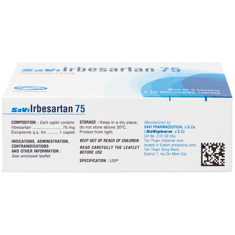 Hình ảnh Thuốc SaVi Irbesartan 75 SaviPharm điều trị tăng huyết áp, bệnh thận (3 vỉ x 10 viên)