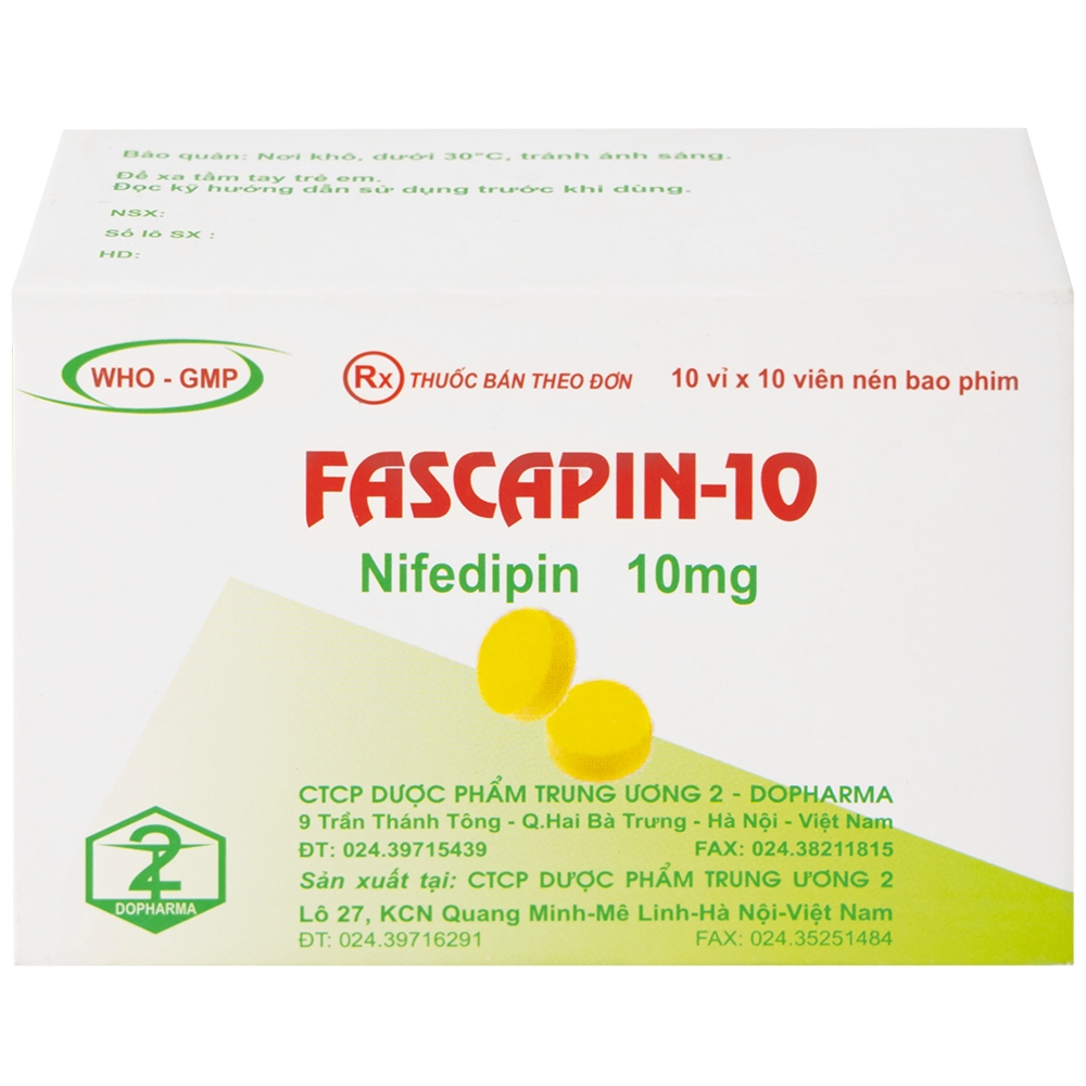 Hình ảnh Thuốc Fascapin-10 Nifedipin Trung Ương 2 dự phòng đau thắt ngực, cao huyết áp (10 vỉ x 10 viên)