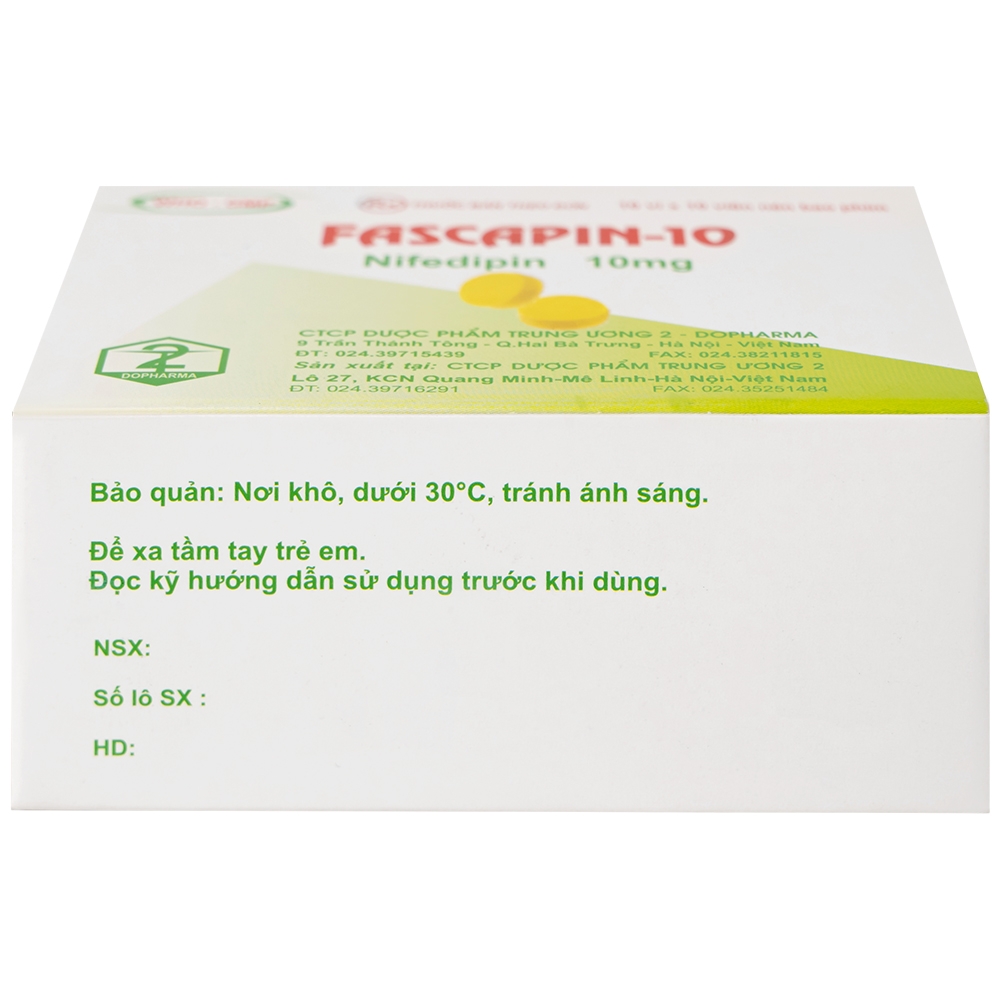 Hình ảnh Thuốc Fascapin-10 Nifedipin Trung Ương 2 dự phòng đau thắt ngực, cao huyết áp (10 vỉ x 10 viên)
