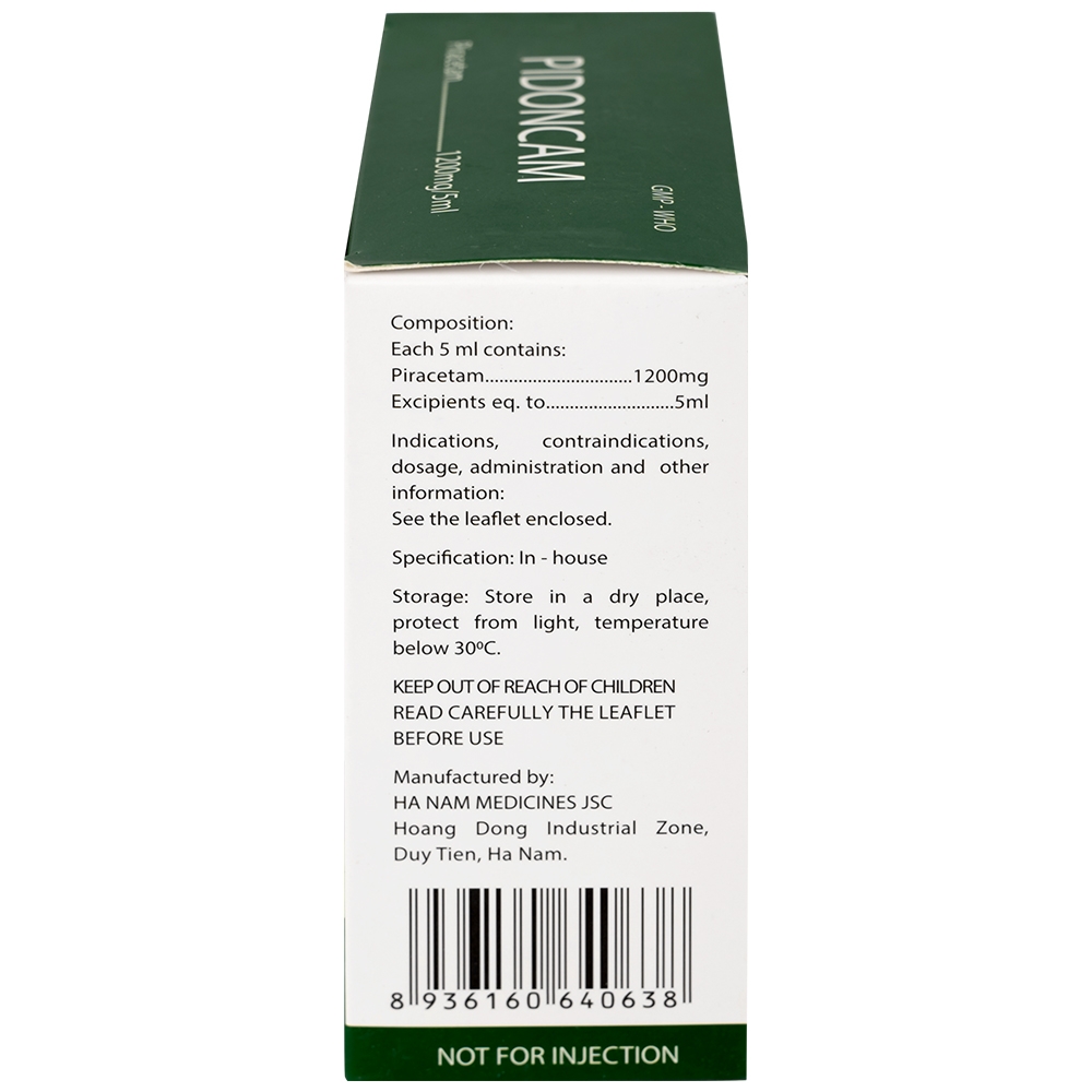 Hình ảnh Thuốc Pidoncam 1200mg/5ml Hà Nam điều trị triệu chứng chóng mặt, suy giảm trí nhớ (20 ống x 10ml)