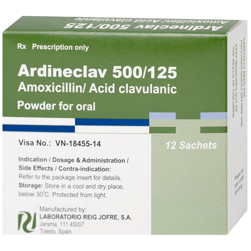 Hình ảnh Bột pha hỗn dịch uống Ardineclav 500/125 Laboratorio Reig Jofre điều trị ngắn ngày nhiễm khuẩn (12 gói)