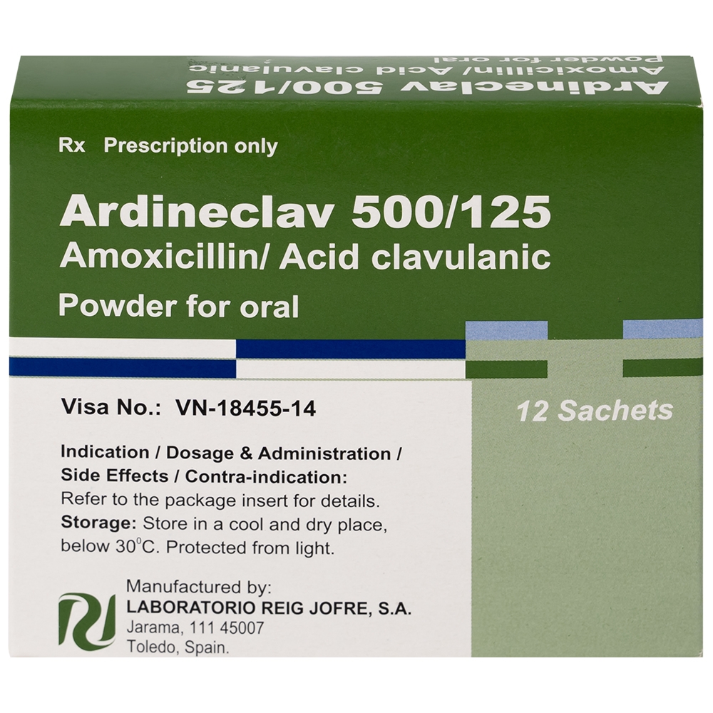 Hình ảnh Bột pha hỗn dịch uống Ardineclav 500/125 Laboratorio Reig Jofre điều trị ngắn ngày nhiễm khuẩn (12 gói)