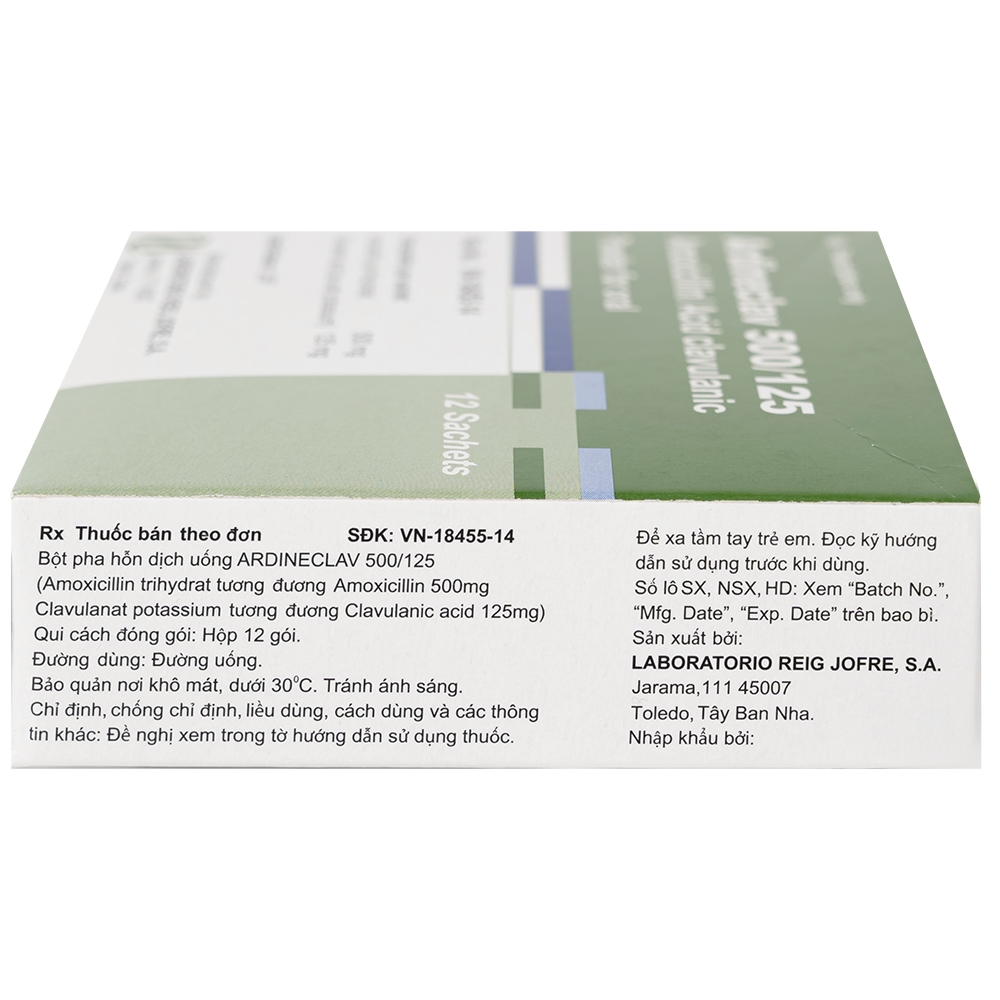Hình ảnh Bột pha hỗn dịch uống Ardineclav 500/125 Laboratorio Reig Jofre điều trị ngắn ngày nhiễm khuẩn (12 gói)