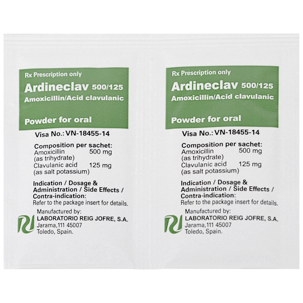 Hình ảnh Bột pha hỗn dịch uống Ardineclav 500/125 Laboratorio Reig Jofre điều trị ngắn ngày nhiễm khuẩn (12 gói)