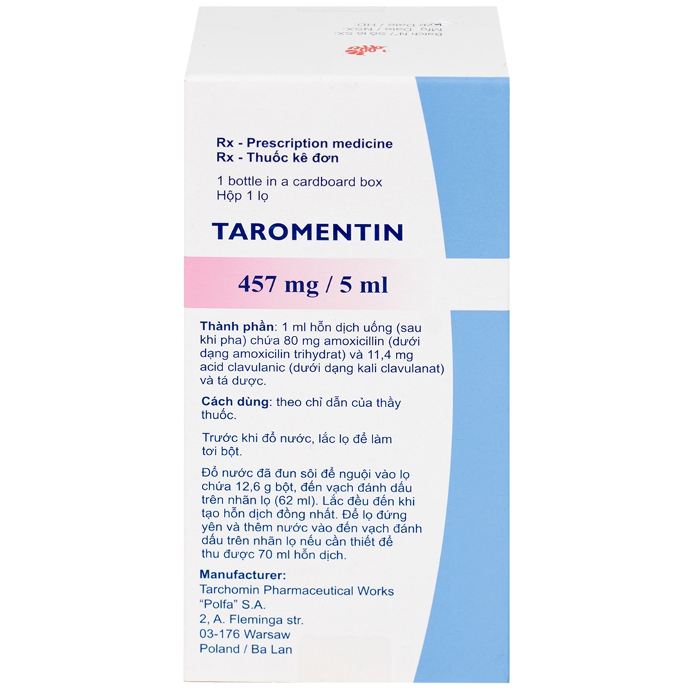 Hình ảnh Bột hỗn dịch uống Taromentin 457mg/5ml điều trị nhiễm trùng viêm xoang, tai giữa, đường hô hấp (12.6g)
