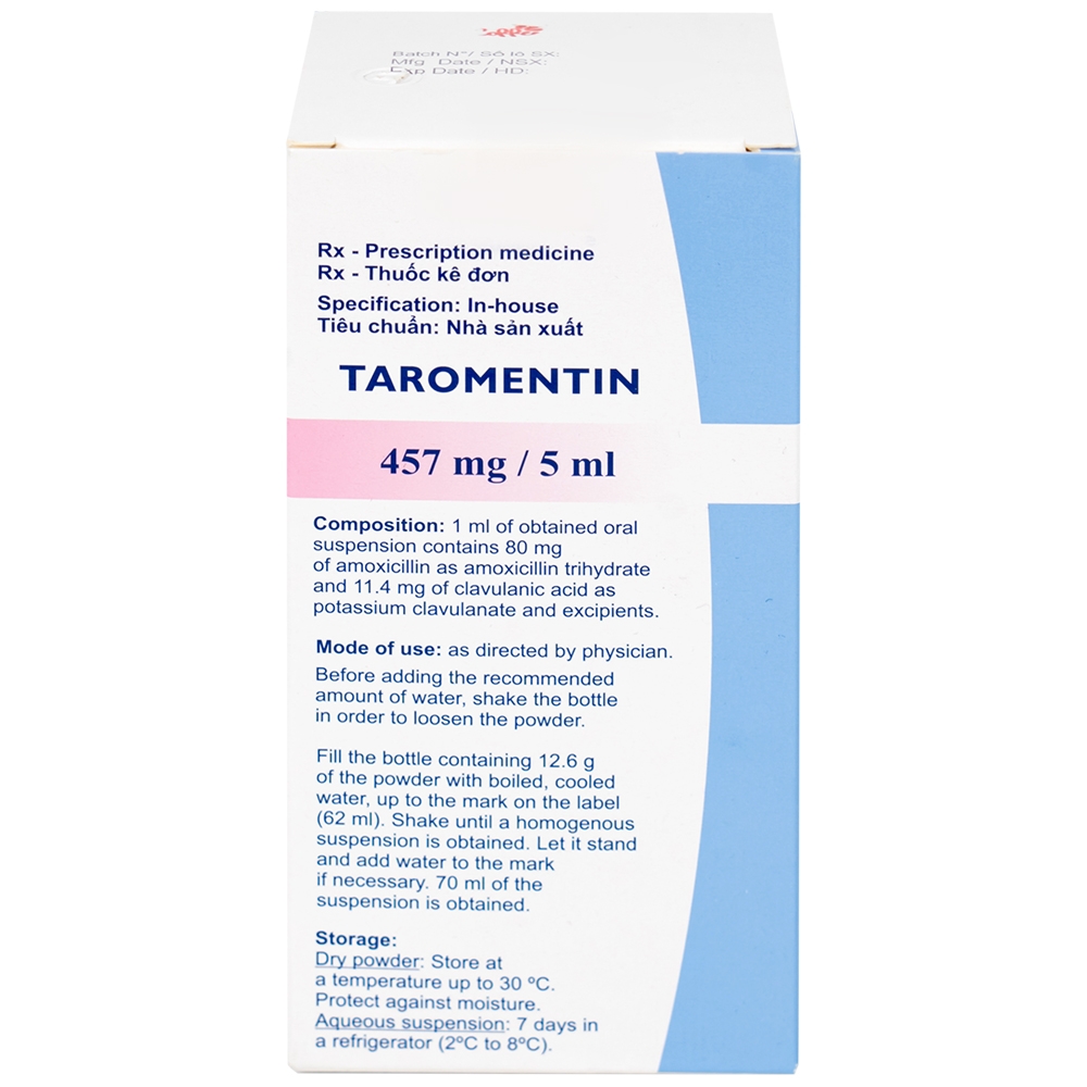 Hình ảnh Bột hỗn dịch uống Taromentin 457mg/5ml điều trị nhiễm trùng viêm xoang, tai giữa, đường hô hấp (12.6g)