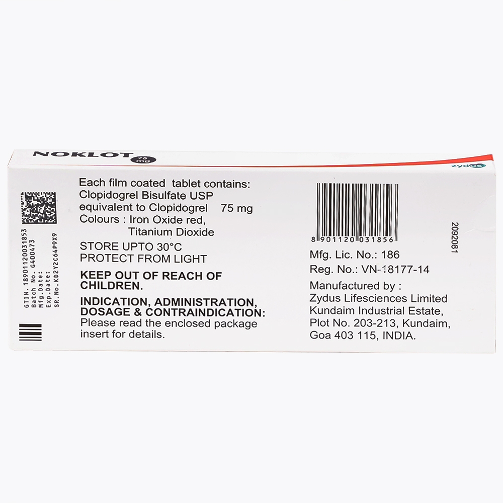 Hình ảnh Thuốc Noklot 75mg Zydus phòng ngừa biến cố xơ vữa động mạch (3 vỉ x 10 viên)