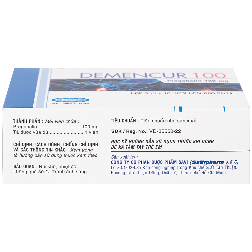 Hình ảnh Thuốc Demencur 100 DaviPharm điều trị đau thần kinh trung ương và ngoại vi (3 vỉ x 10 viên)
