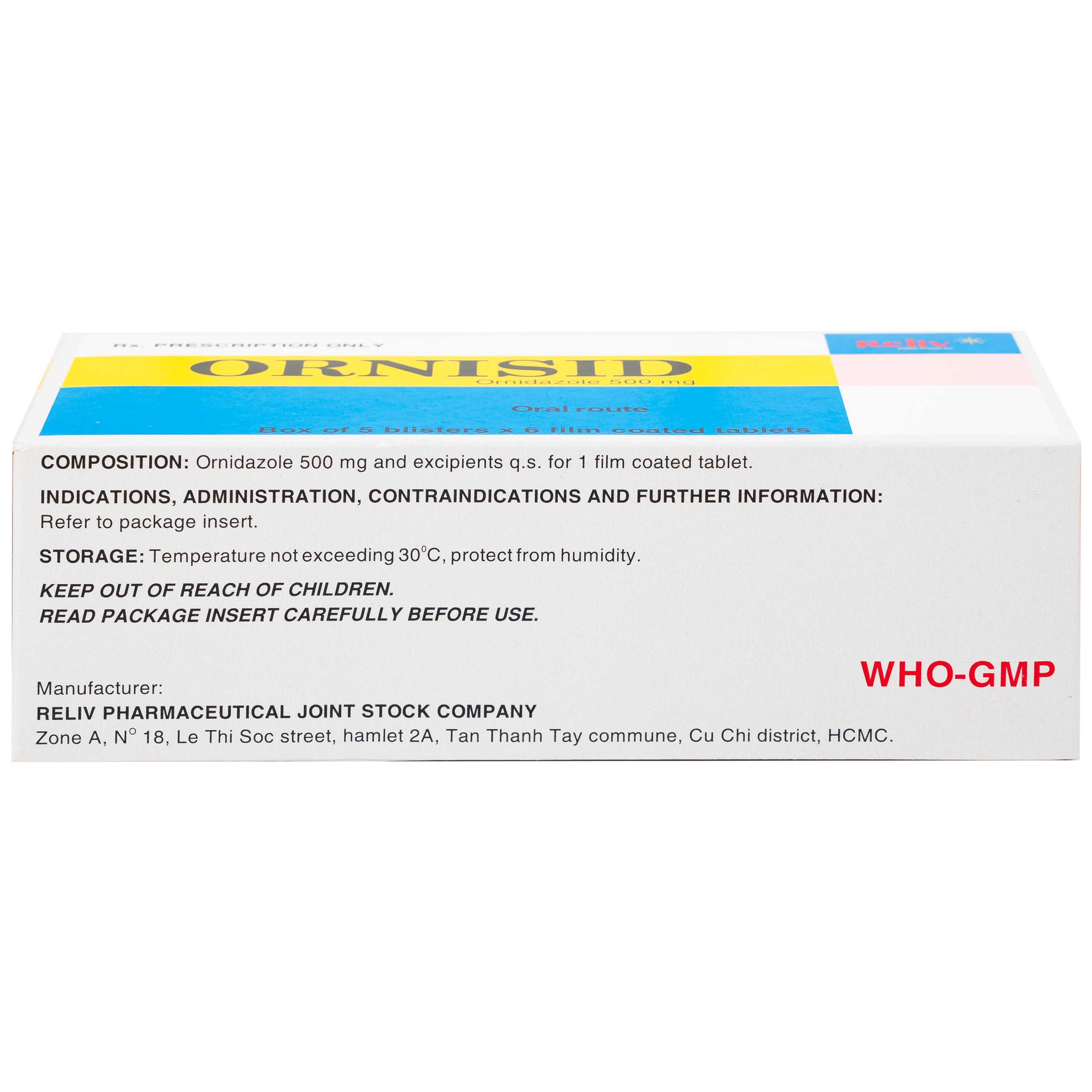 Hình ảnh Thuốc Ornisid 500mg Reliv điều trị nhiễm amip ở ruột và gan (5 vỉ x 6 viên)