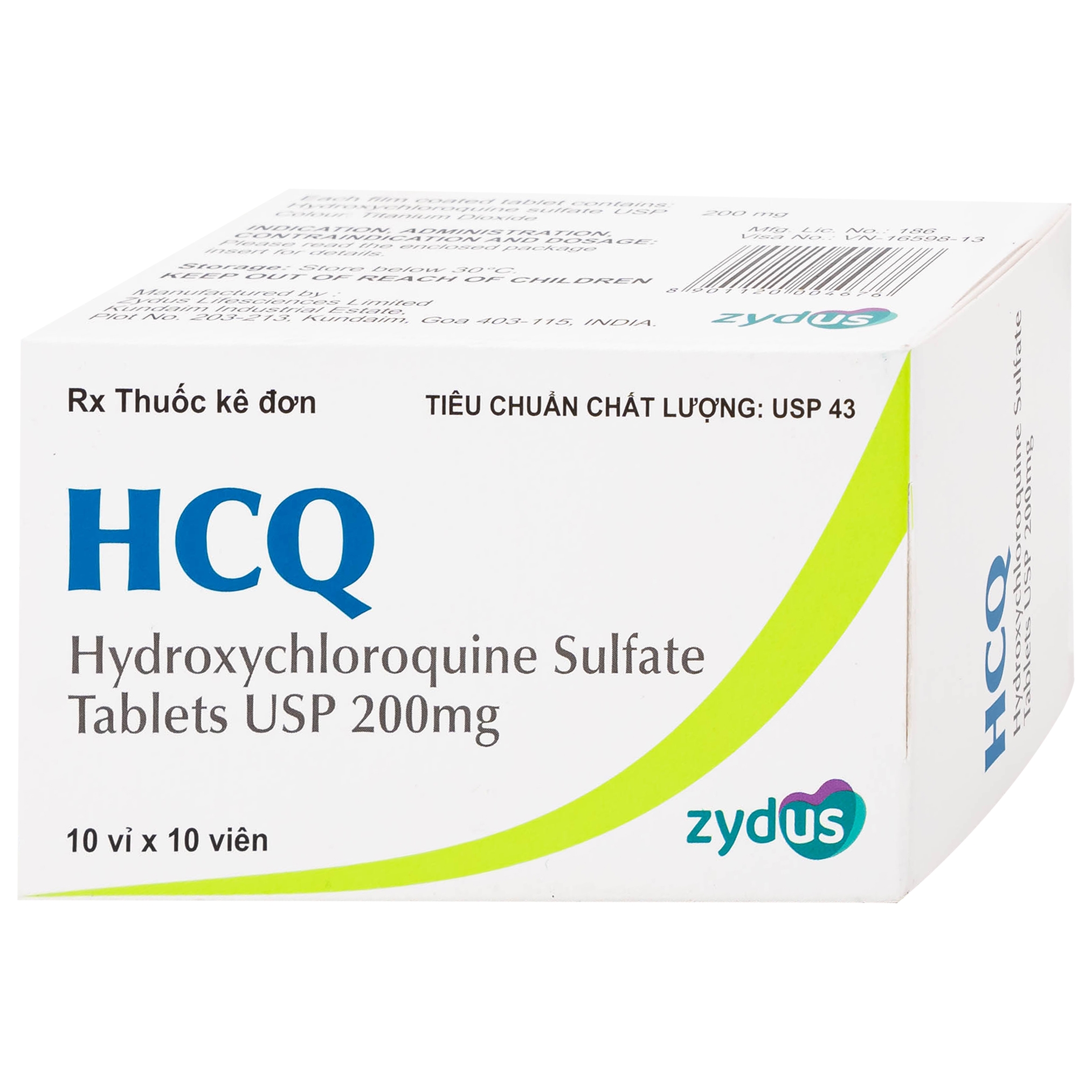 Hình ảnh Thuốc HCQ 200mg Zydus phòng ngừa hoặc điều trị sốt rét cấp tính (10 vỉ x 10 viên)