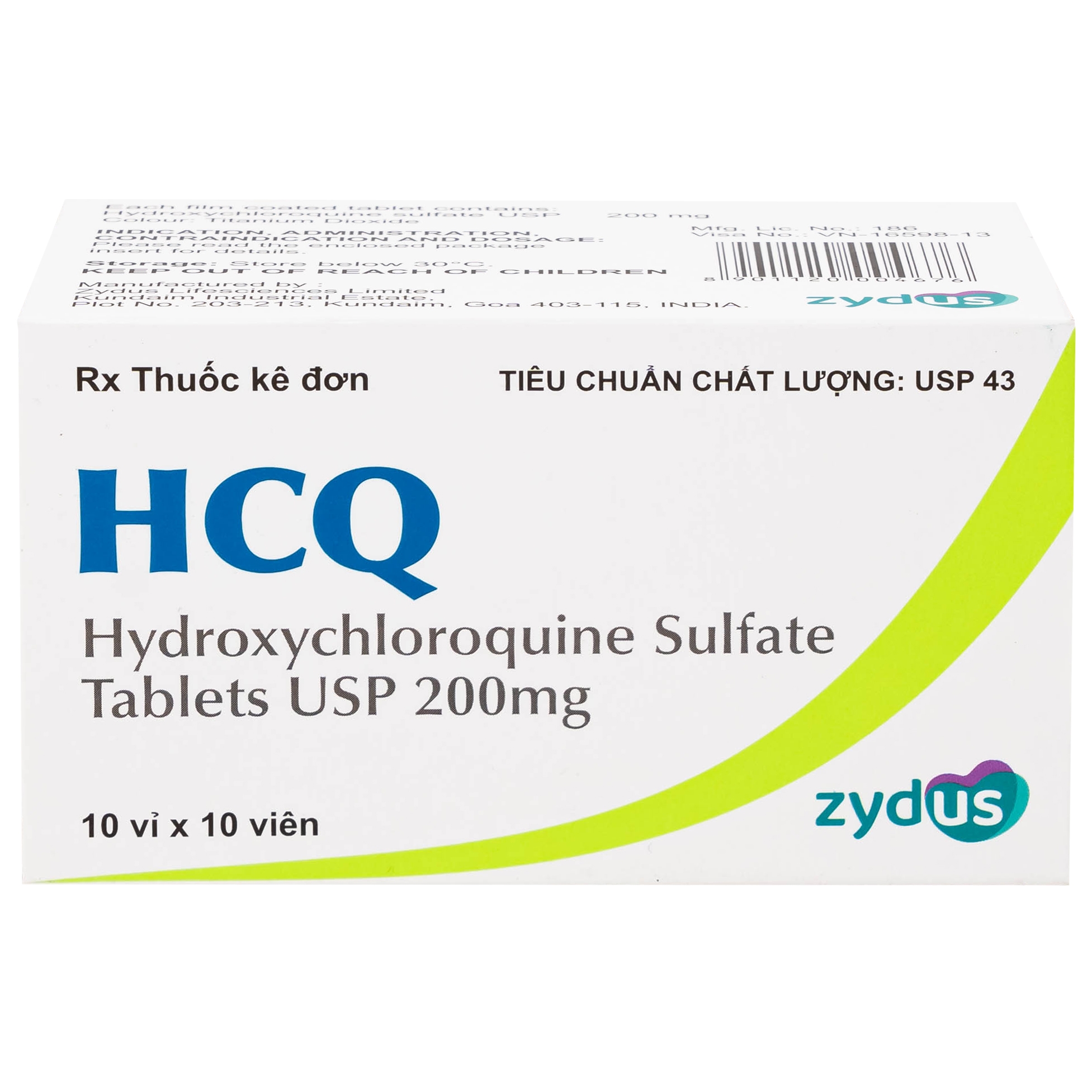 Hình ảnh Thuốc HCQ 200mg Zydus phòng ngừa hoặc điều trị sốt rét cấp tính (10 vỉ x 10 viên)