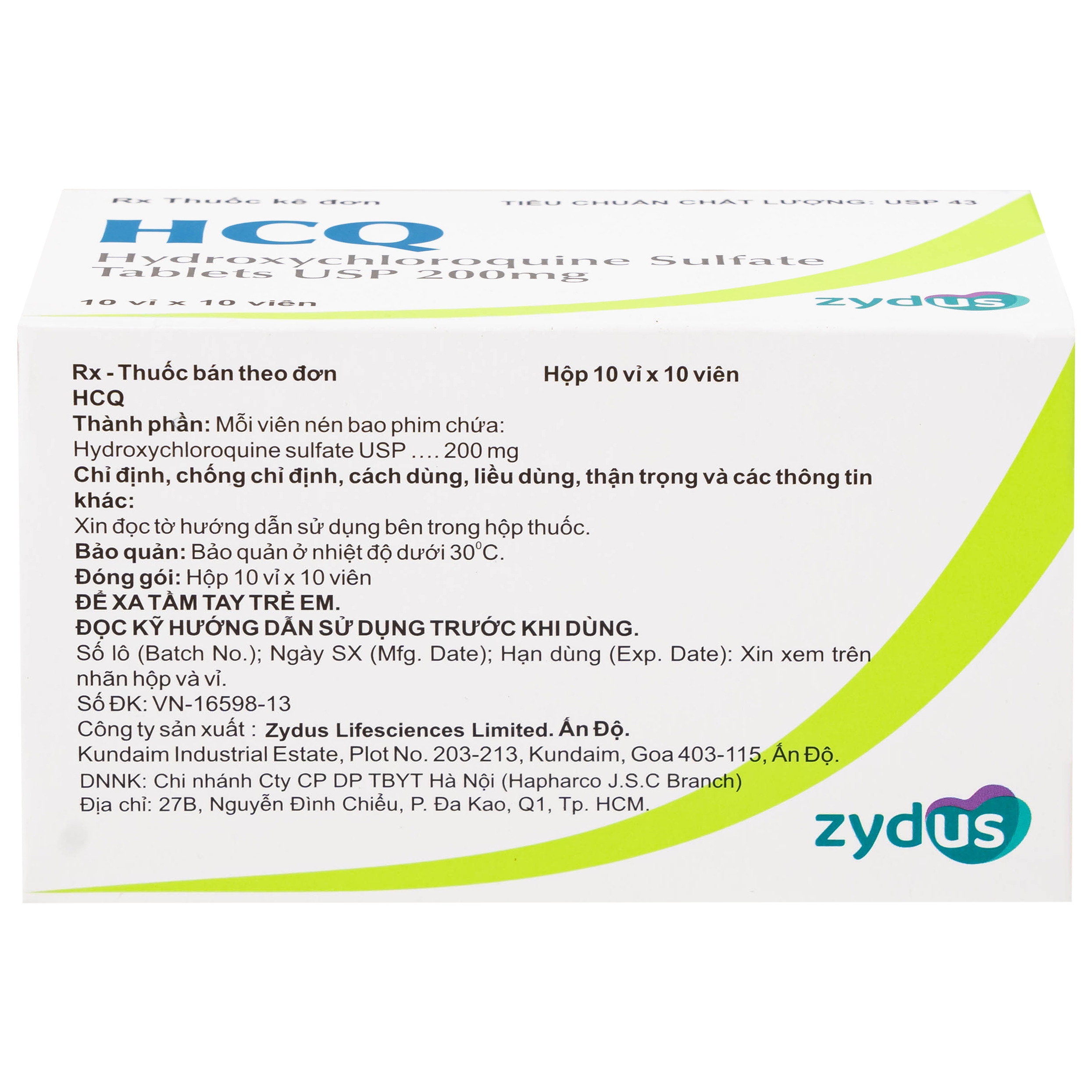 Hình ảnh Thuốc HCQ 200mg Zydus phòng ngừa hoặc điều trị sốt rét cấp tính (10 vỉ x 10 viên)