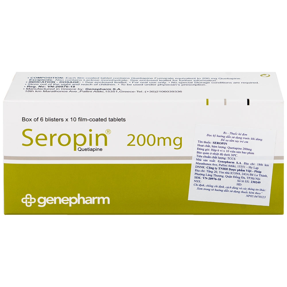 Hình ảnh Thuốc Seropin 200mg Genepharm điều trị tâm thần phân liệt, hưng cảm lưỡng cực, trầm cảm lưỡng cực (6 vỉ x 10 viên)