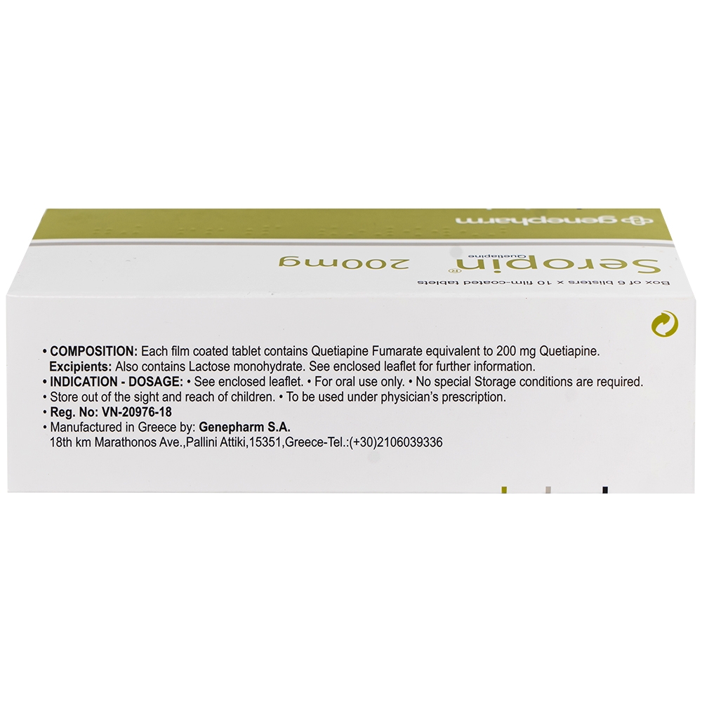 Hình ảnh Thuốc Seropin 200mg Genepharm điều trị tâm thần phân liệt, hưng cảm lưỡng cực, trầm cảm lưỡng cực (6 vỉ x 10 viên)