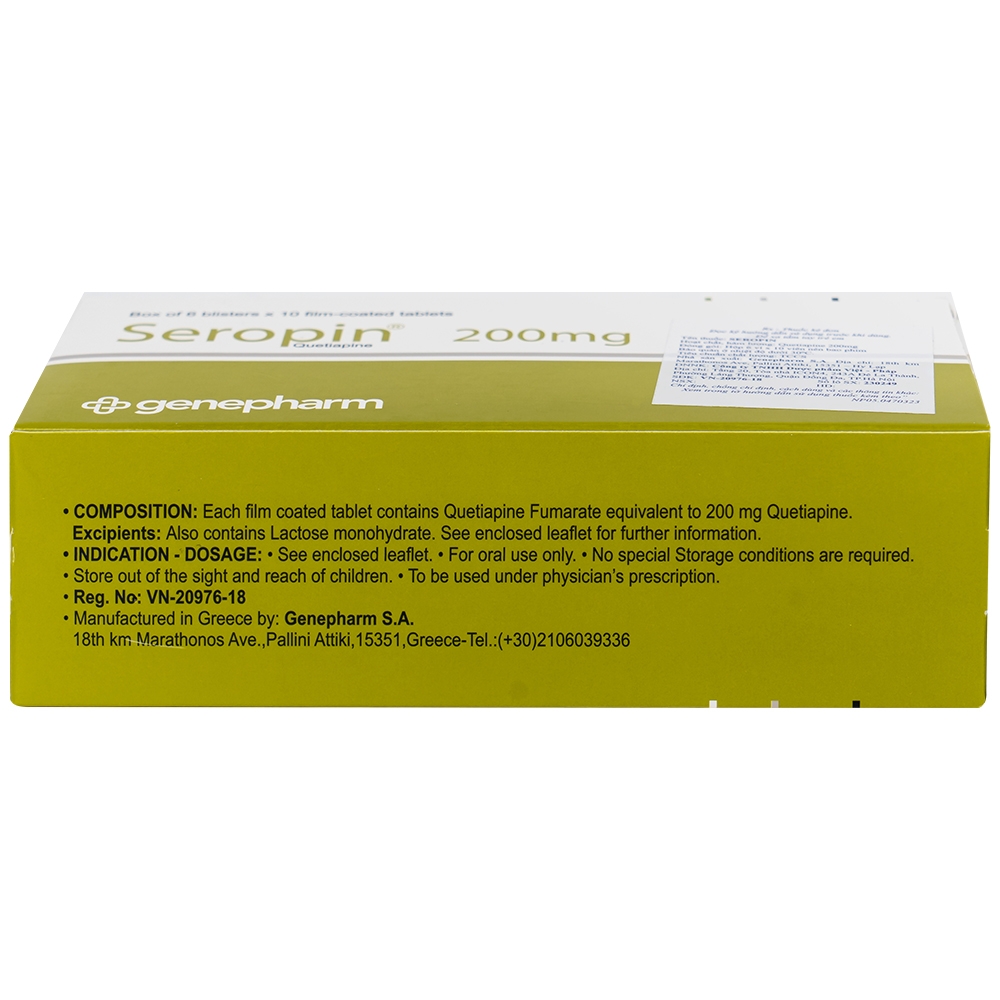 Hình ảnh Thuốc Seropin 200mg Genepharm điều trị tâm thần phân liệt, hưng cảm lưỡng cực, trầm cảm lưỡng cực (6 vỉ x 10 viên)