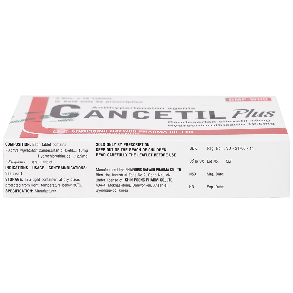 Hình ảnh Thuốc hạ huyết áp Cancetil Plus Shinpoong Deawoo điều trị tăng huyết áp (3 vỉ x 10 viên)