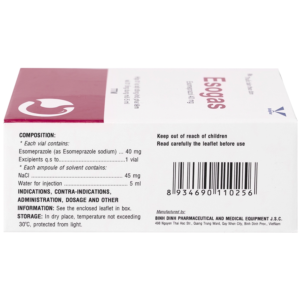 Hình ảnh Thuốc Esogas 40mg Bidiphar điều trị kháng tiết acid dạ dày (1 lọ + 1 ống 5ml)