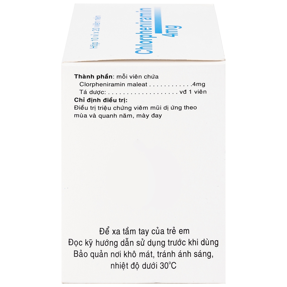 Hình ảnh Thuốc Chlorpheniramin 4mg Fourdiphar điều trị viêm mũi dị ứng, mày đay (10 vỉ x 20 viên)