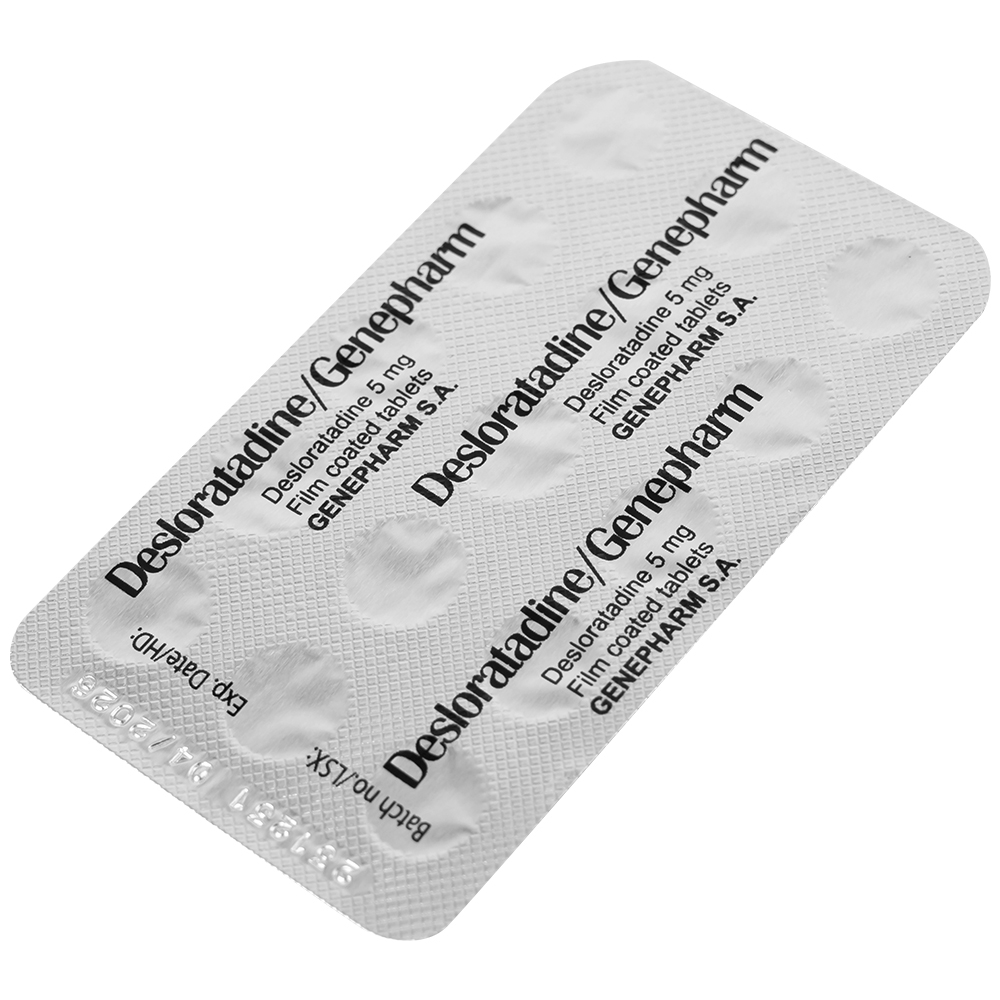 Hình ảnh Thuốc Desloratadine 5mg Genepharm giảm các triệu chứng viêm mũi dị ứng, mày đay (2 vỉ x 15 viên)