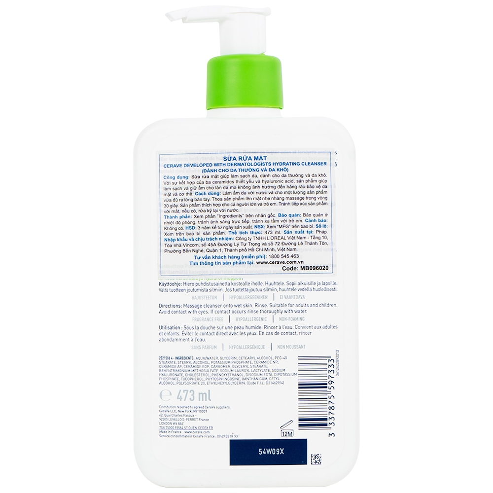 Hình ảnh Sữa rửa mặt làm sạch sâu Cerave Developed With Dermatologists Hydrating Cleanser 473ml dành cho da thường, da khô