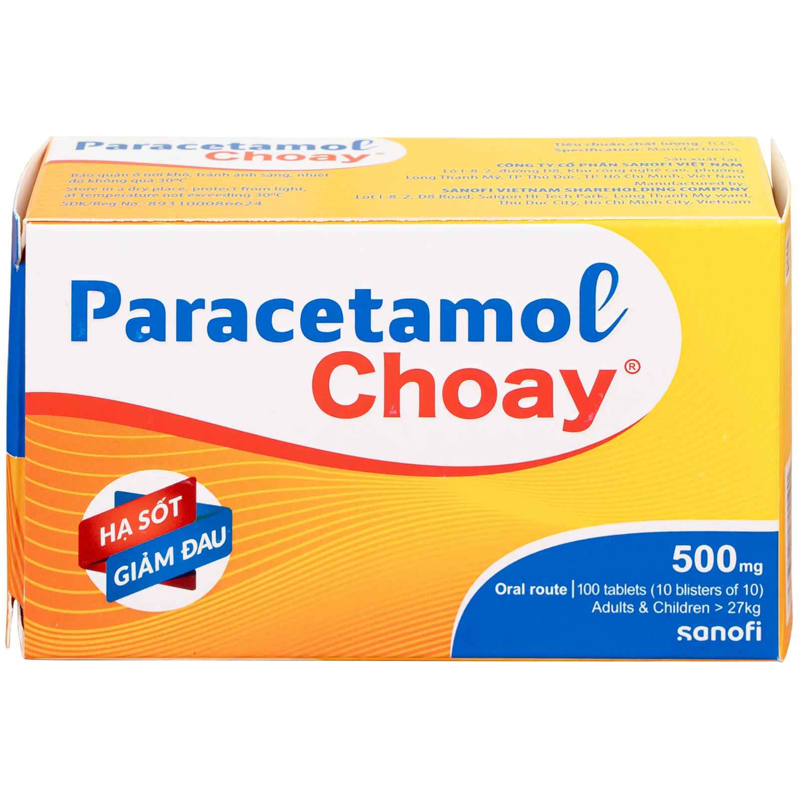 Hình ảnh Viên nén Paracetamol Choay 500mg Sanofi điều trị triệu chứng đau từ nhẹ đến vừa, sốt (10 vỉ x 10 viên)