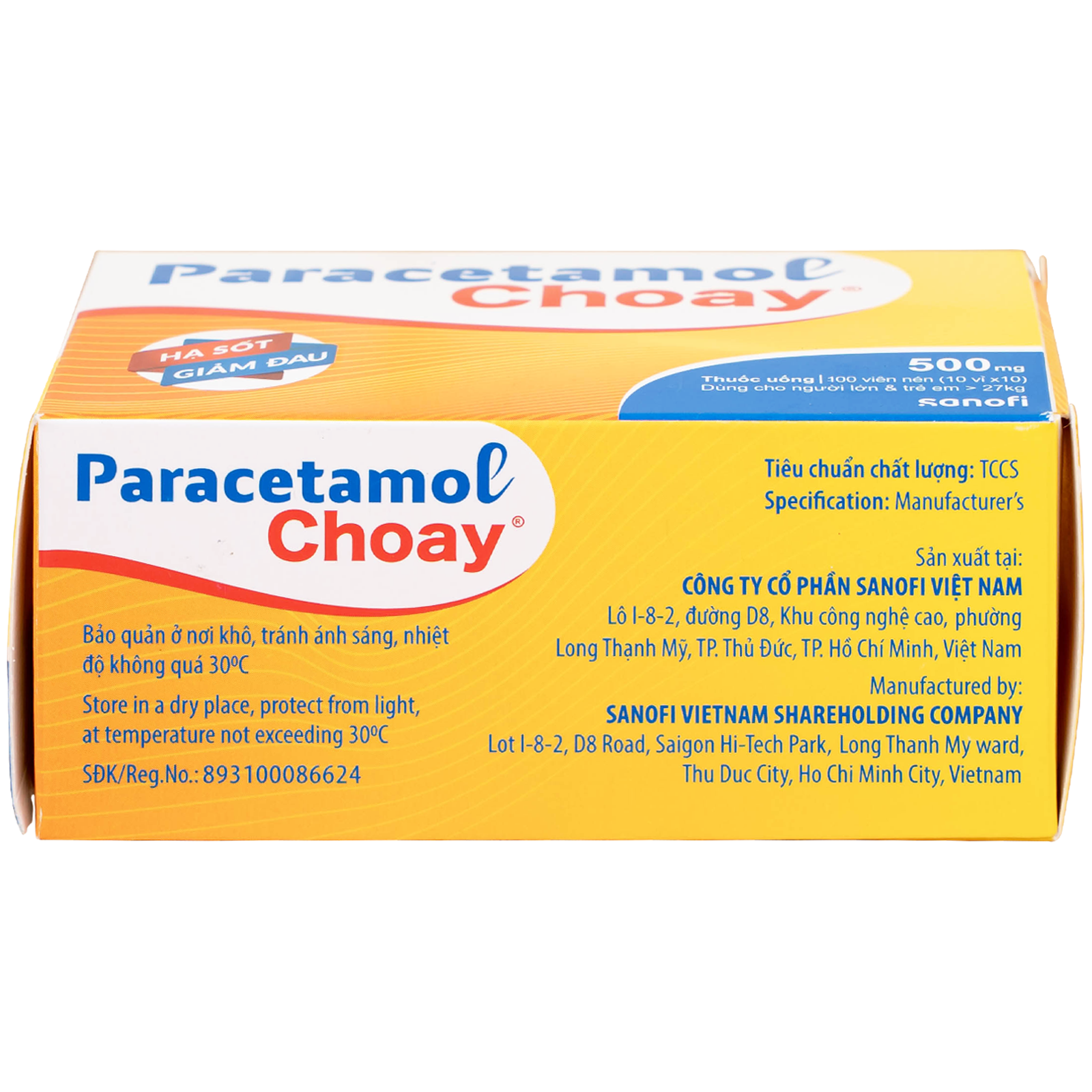 Hình ảnh Viên nén Paracetamol Choay 500mg Sanofi điều trị triệu chứng đau từ nhẹ đến vừa, sốt (10 vỉ x 10 viên)