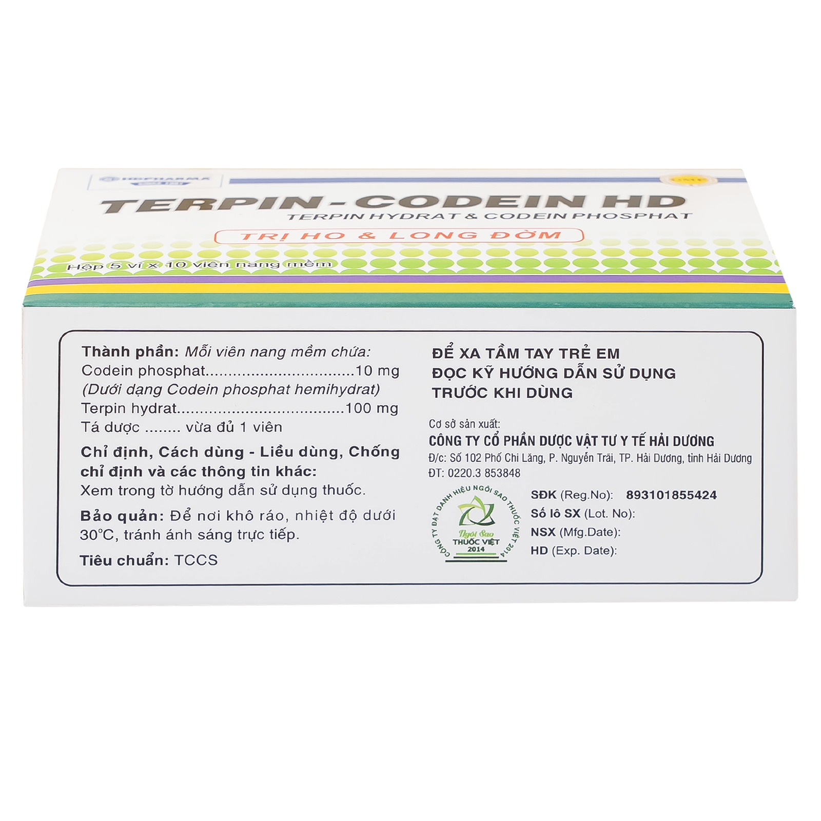 Hình ảnh Thuốc Terpin-codein HD Hdpharma điều trị triệu chứng ho khan hoặc kích ứng (5 vỉ x 10 viên)