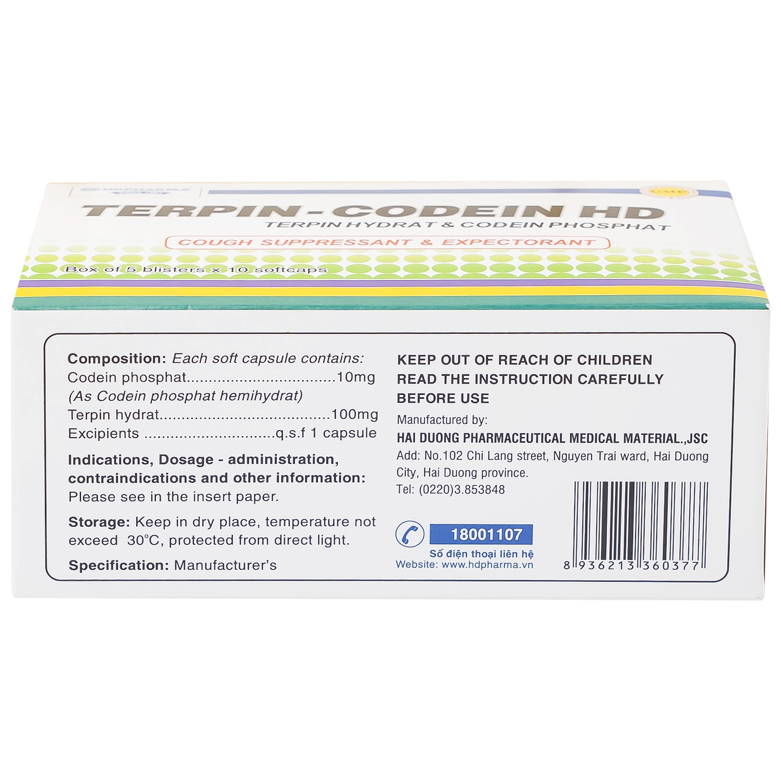 Hình ảnh Thuốc Terpin-codein HD Hdpharma điều trị triệu chứng ho khan hoặc kích ứng (5 vỉ x 10 viên)