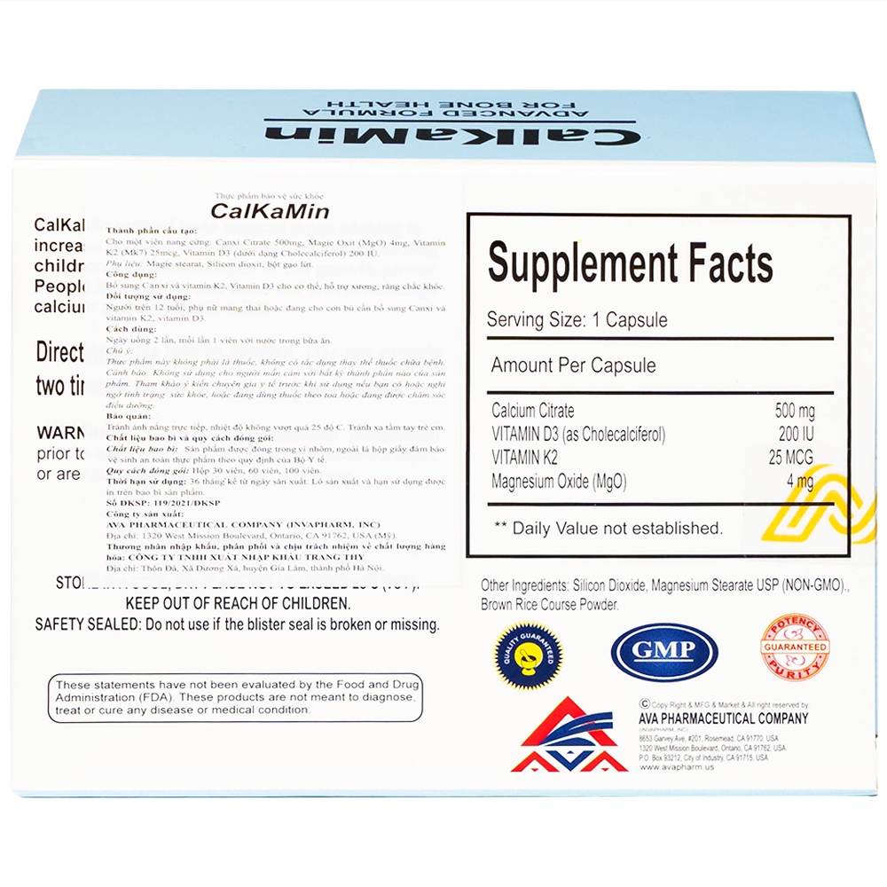 Hình ảnh Viên uống CalKaMin AVA Pharmaceutical bổ sung canxi và vitamin K2, vitamin D3 cho cơ thể