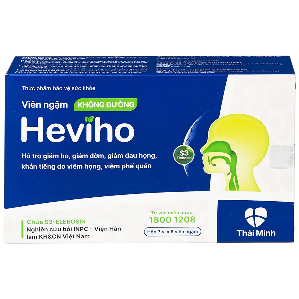 Hình ảnh Viên ngậm không đường Heviho Thái Minh hỗ trợ giảm ho, giảm đờm, giảm đau họng (3 vỉ x 6 viên)