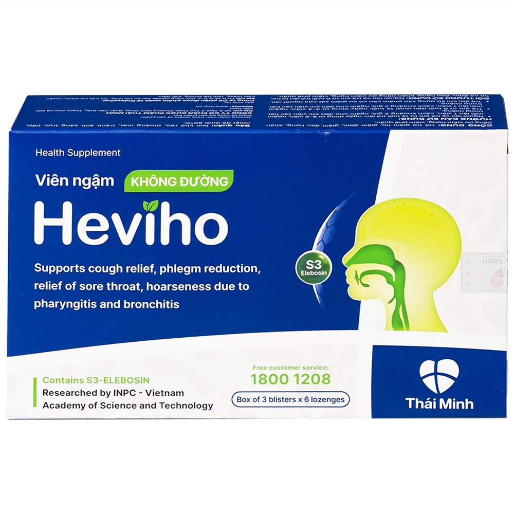 Hình ảnh Viên ngậm không đường Heviho Thái Minh hỗ trợ giảm ho, giảm đờm, giảm đau họng (3 vỉ x 6 viên)