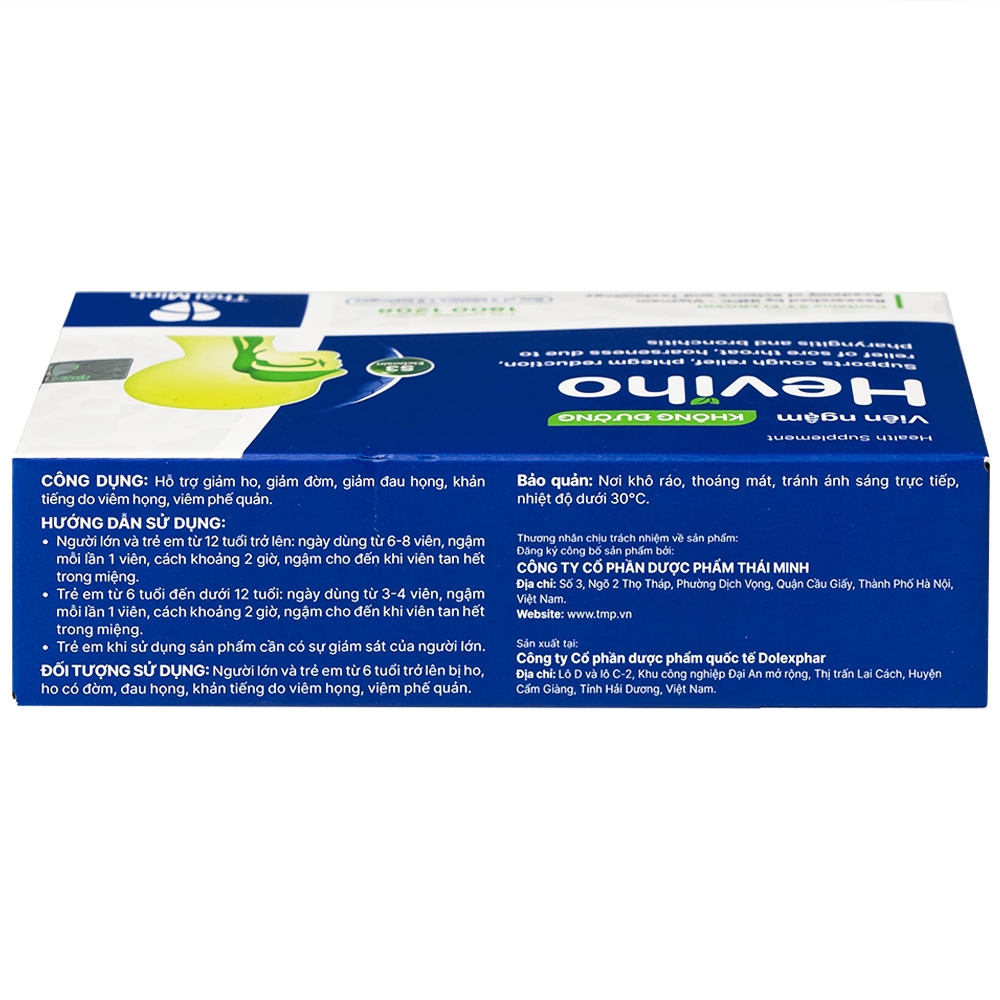 Hình ảnh Viên ngậm không đường Heviho Thái Minh hỗ trợ giảm ho, giảm đờm, giảm đau họng (3 vỉ x 6 viên)